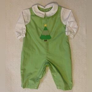 Petit Pomme Green Long Sleeve and Pants Romper with Christmas Tree Appliqué